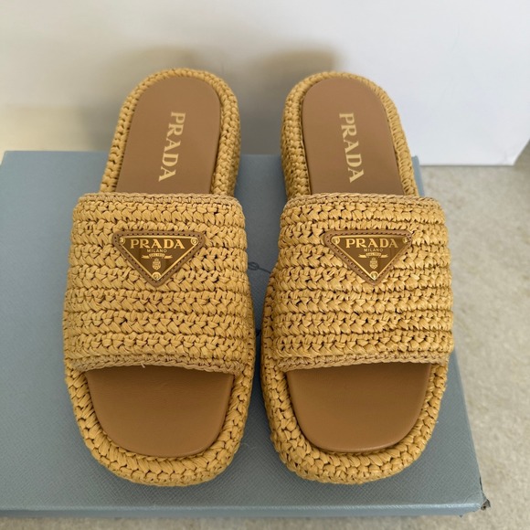 Prada Shoes - Prada 1XZ761 Crochet flatform slides Raffia Sandals, Women size 40 US 10)
